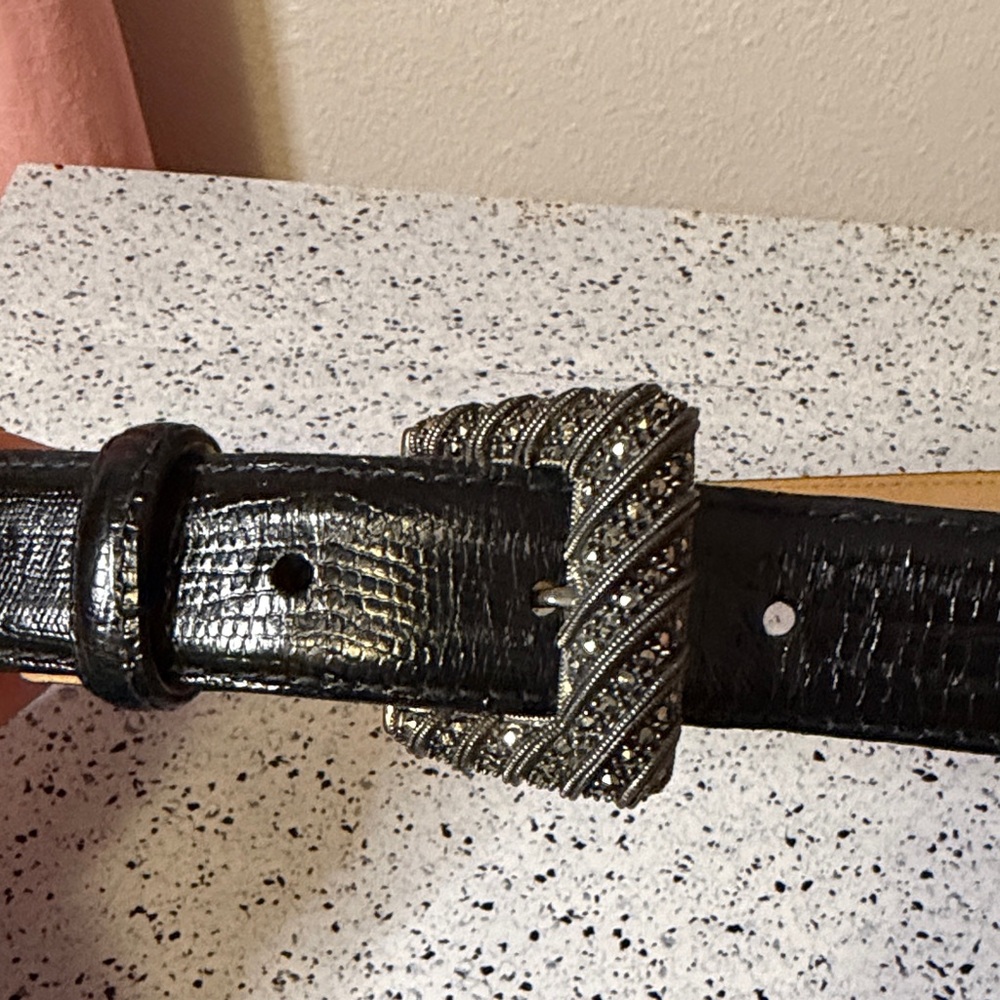 VTG JUDITH JACK GENUINE LEATHER BLACK LIZARD BELT W/STERLING MARCASITE BUCKLE M